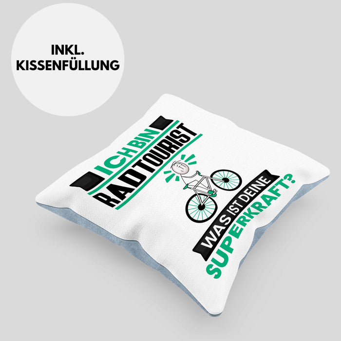 Radtourist Kissen mit Füllung 40x40 Geschenk für Radtourist Geburtstag Lustiger Spruch Was Ist Deine Superkraft (Grau) Blau Trendation