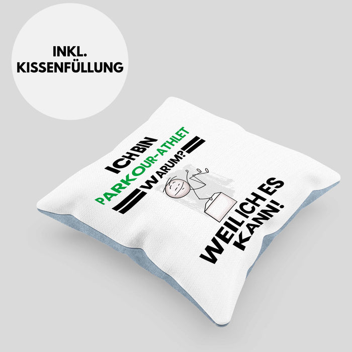 Parkour-Athlet Geschenk Kissen mit Füllung 40x40 Lustiger Spruch Ich Bin Parkour-Athlet Warum Weil Ich Es Kann Geschenkidee Bester Parkour-Athlet Geburtstag (Grau) Blau Trendation