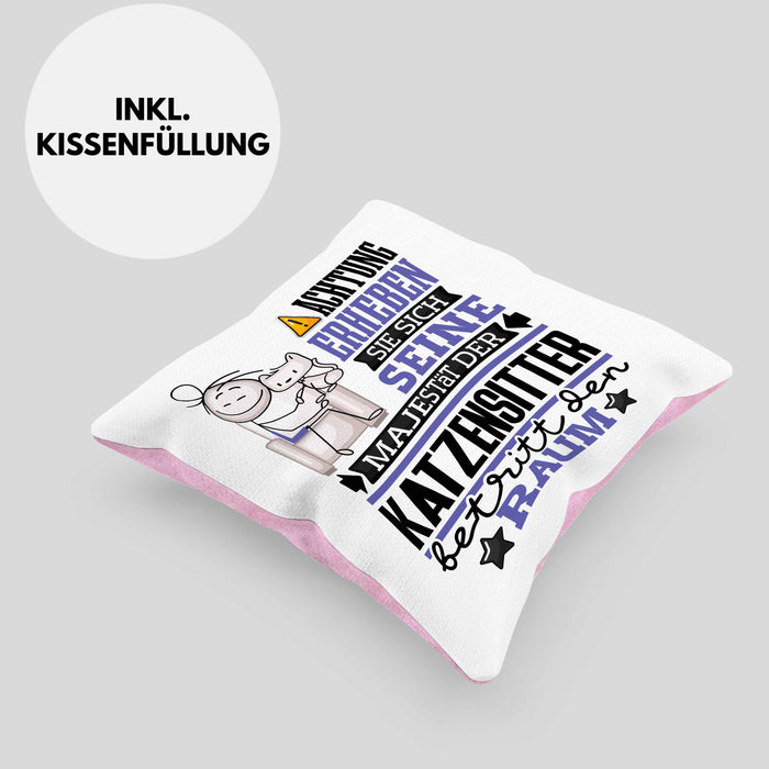 Katzensitter Geschenk Kissen mit Füllung 40x40 Lustiger Spruch Erheben Sie Sich Der Katzensitter Betritt den Raum (Grau) Rosa Trendation