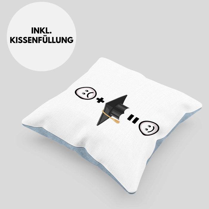 Abschluss Kissen mit Füllung 40x40 Geschenk für Bestandene Prüfung Abitur Bacherlor Master Lustige Geschenkidee :( + Abschluss = :) Geburtstag (Grau) Blau Trendation