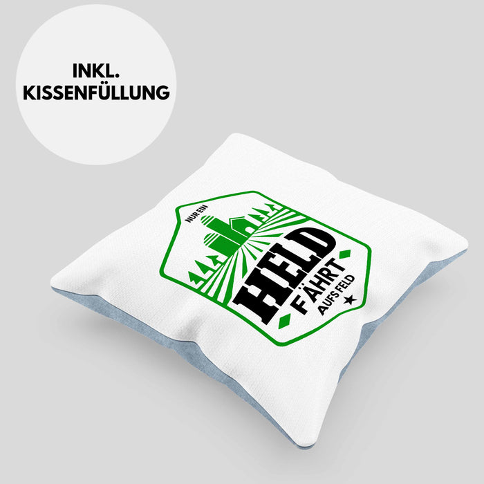 Lustige Kissen mit Füllung 40x40 für Landwirte Bauern Geschenk Spruch Nur Ein Held Fährt Aufs Feld (Grau) Blau Trendation