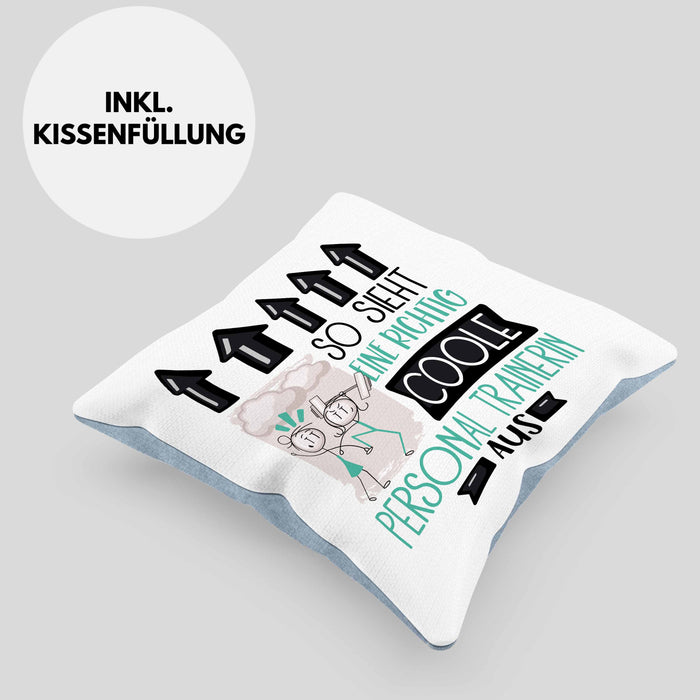 Personal Trainerin Geschenk Kissen mit Füllung 40x40 Lustig Geschenkidee für Personal Trainerin Geburtstag So Sieht Eine Richtig Coole Personal Trainerin Aus Frauen Spruch (Grau) Blau Trendation