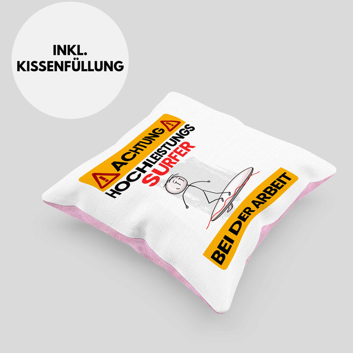 Surfer Kissen mit Füllung 40x40 Geschenk Lustiger Spruch Geschenkidee für Surfer Achtung Hochleistungs Surfer Bei Der Arbeit (Grau) Rosa Trendation