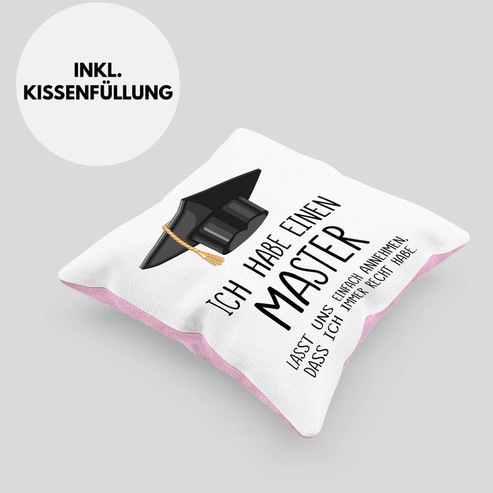 Master Bestanden Geschenk Abschluss Kissen mit Füllung 40x40 Spruch Master Graduation Bestandene Prüfung Geschenkidee (Grau) Rosa Trendation