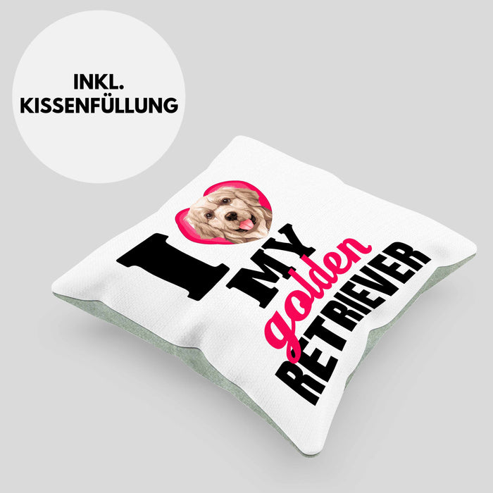 Golden Retriever Besitzerin Kissen mit Füllung 40x40 Geschenk Lustiger Spruch Geschenkidee I Love My Golden Retriever (Grau) Grün Trendation