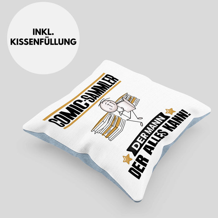 Comic-Sammler Kissen mit Füllung 40x40 Geschenk für Comic-Sammler Der Mann Der Alles Kann Geschenkidee zum Geburtstag (Grau) Blau Trendation
