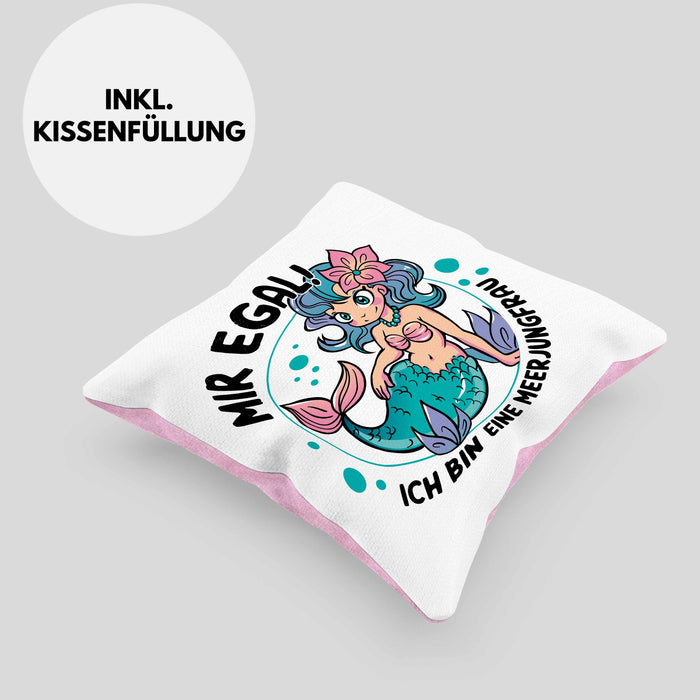 Meerjungfrau Geschenk Kissen mit Füllung 40x40 für Mädchen Nymphe Nixe Grafik Mir Egal Ich Bin Eine Meerjungfrau (Grau) Rosa Trendation