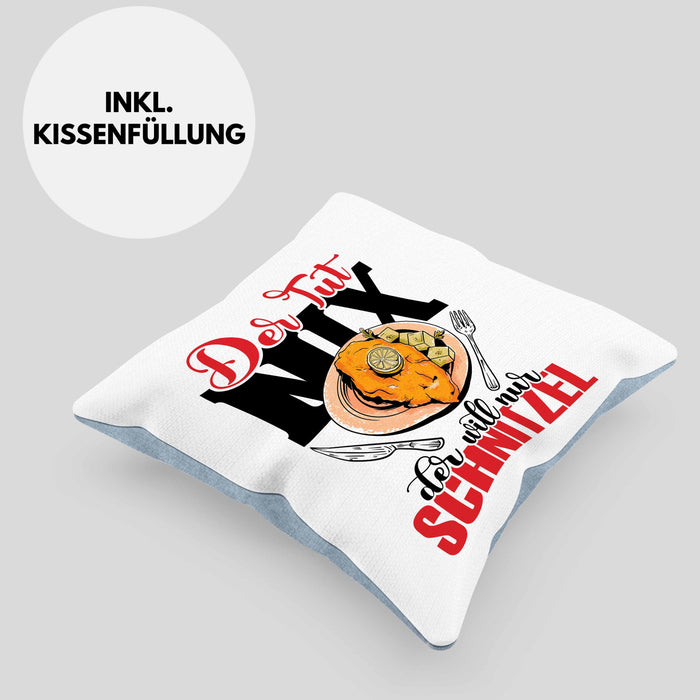 Schnitzel Kissen mit Füllung 40x40 "Der tut nix, der will nur Schnitzel" Geschenkidee für Schnitzelliebhaber (Grau) Blau Trendation