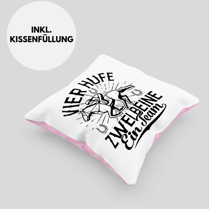 Reiterin Kissen mit Füllung 40x40 Spruch Geschenk Pferde-Liebhaberin Geschenkidee Mädchen Vier Hufe Zwei Beine Ein Team (Grau) Rosa Trendation