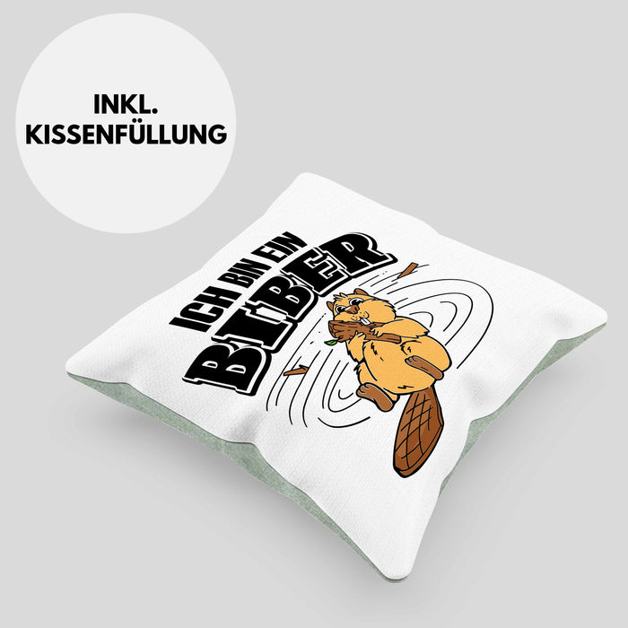 Bieber Kissen mit Füllung 40x40 Biebermotiv Geschenk Tierwohlhaber (Grau) Grün Trendation
