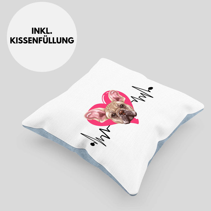 Französische Bulldogge Besitzer Kissen mit Füllung 40x40 Geschenk Lustiger Spruch Geschenkidee Herzschlag Französische Bulldogge (Grau) Blau Trendation