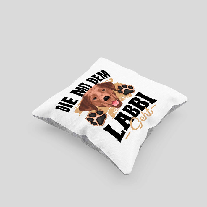 Die Mit Dem Labbi Geht Kissen mit Füllung 40x40 Gassi Gehen Labrador Besitzerin Geschenkidee Frauchen Geschenk (Grau) Grau Trendation