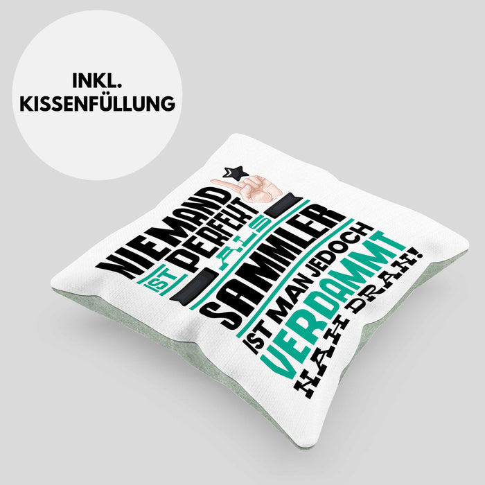 Sammler Geschenk Kissen mit Füllung 40x40 Lustige Geschenkidee für Sammler Geburtstag Niemand Ist Perfekt Aber Als Sammler Ist Man Nah Dran (Grau) Grün Trendation