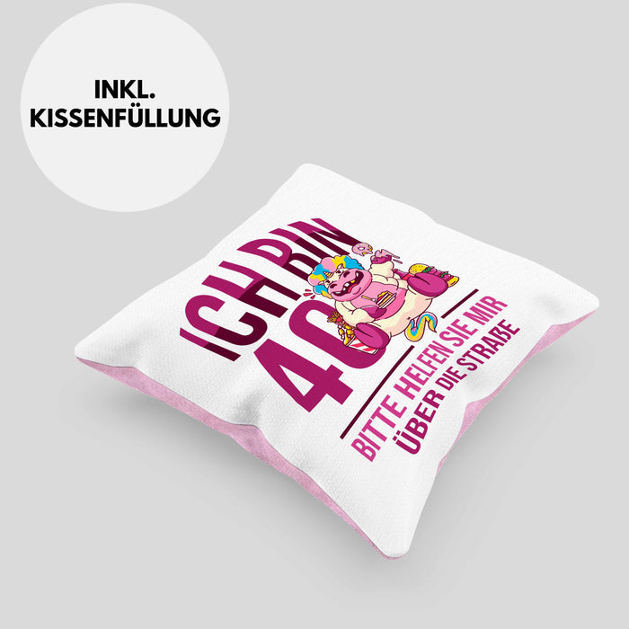 Lustige Kissen mit Füllung 40x40 zum 40. Geburtstag - Geschenkidee für Frauen Einhorn 40er Geburtstag (Grau) Rosa Trendation