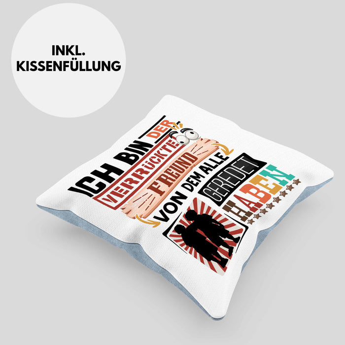 Freund Kissen mit Füllung 40x40 Geschenk Spruch Lustig Geschenkidee für Freund Geburtstag Ich Bin Der Verrückte Freund Beste Freund (Grau) Blau Trendation