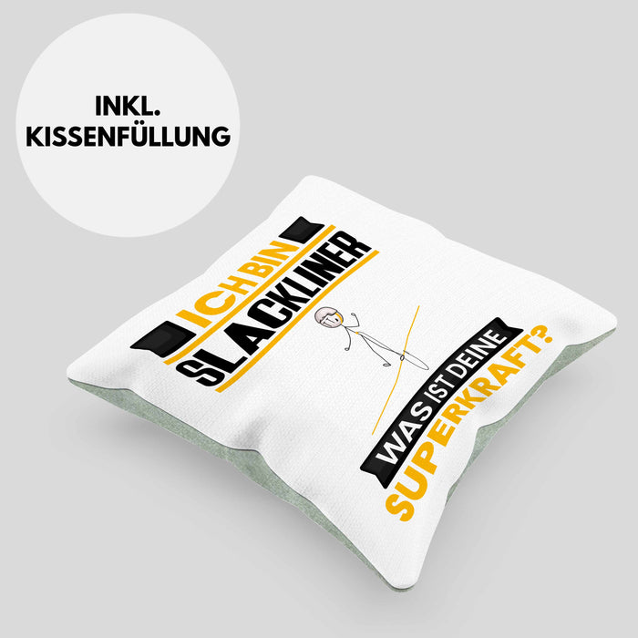 Slackliner Kissen mit Füllung 40x40 Geschenk für Slackliner Geburtstag Lustiger Spruch Was Ist Deine Superkraft (Grau) Grün Trendation