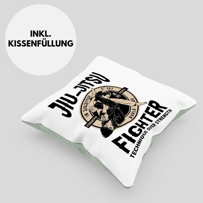 Jiu Jitsu Kissen mit Füllung 40x40 Geschenk für Kampfsportler Geschenkidee Technik über Stärke Spruch (Grau) Grün Trendation