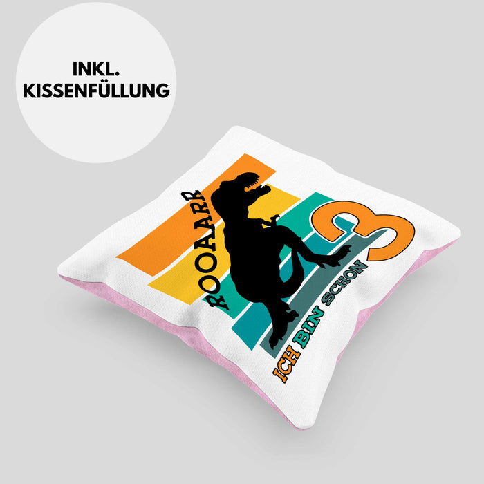 3. Geburtstag Jungs Dinosaurier Kissen mit Füllung 40x40 3er Geburtstag (Grau) Rosa Trendation