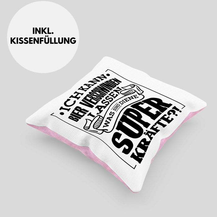 Bier Kissen mit Füllung 40x40 - "Ich kann Bier verschwinden lassen" Geschenk für Bierliebhaber (Grau) Rosa Trendation
