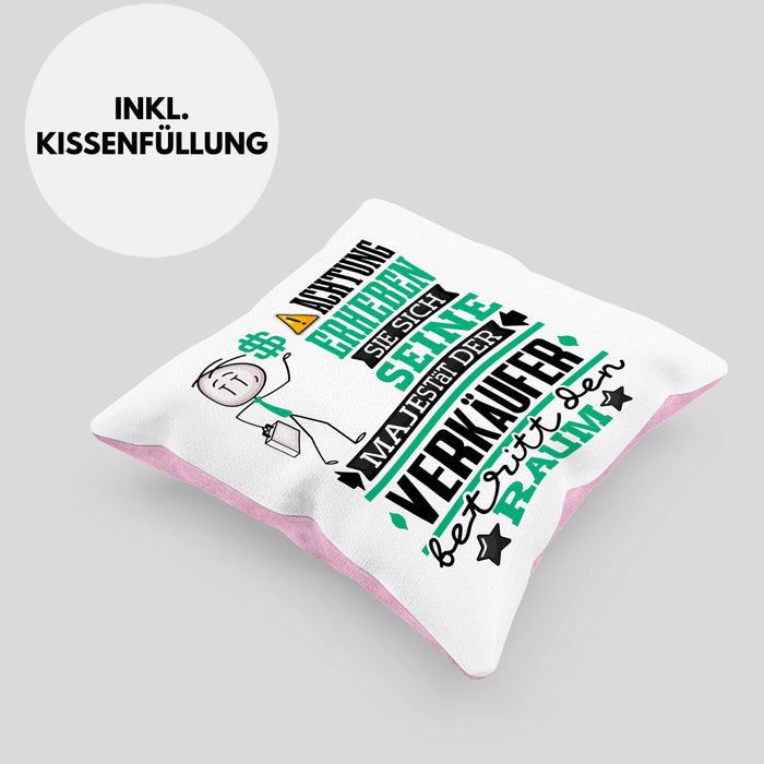 Verkäufer Geschenk Kissen mit Füllung 40x40 Lustiger Spruch Erheben Sie Sich Der Verkäufer Betritt den Raum (Grau) Rosa Trendation