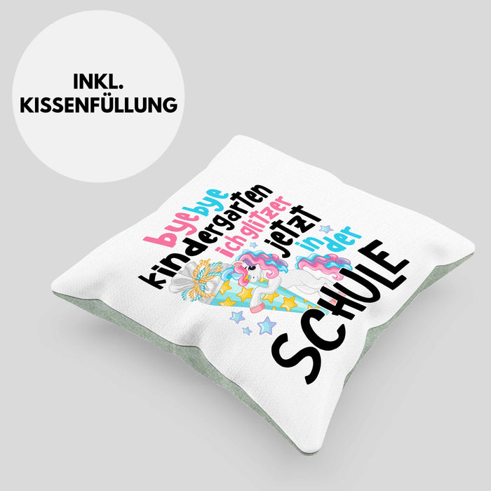 Bye Bye Kindergarten Einschulung Mädchen Geschenk Kissen mit Füllung 40x40 Schulstart 1. Schultag Schuleinführung Schulanfang Geschenkidee 2024 Schulkind Ich Glitzer Jetzt In Der Schule (Grau) Grün Trendation