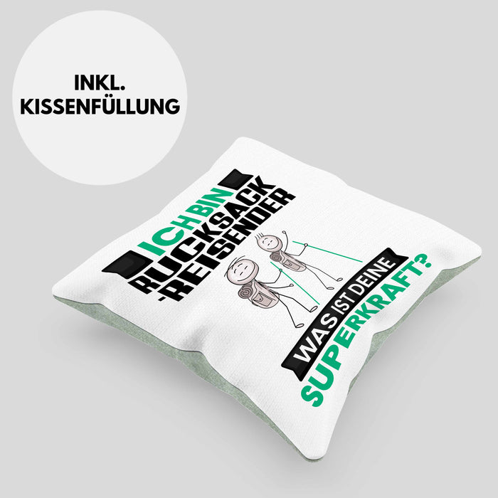 Rucksackreisender Kissen mit Füllung 40x40 Geschenk für Rucksackreisender Geburtstag Lustiger Spruch Was Ist Deine Superkraft (Grau) Grün Trendation