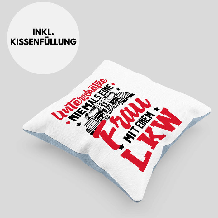 LKW Fahrerin Kissen mit Füllung 40x40 Geschenk Frauen Lastkraftwagen Fahrerin Geschenkidee für Frauen Unterschätze Niemals Eine Frau Mit Einem LKW (Grau) Blau Trendation