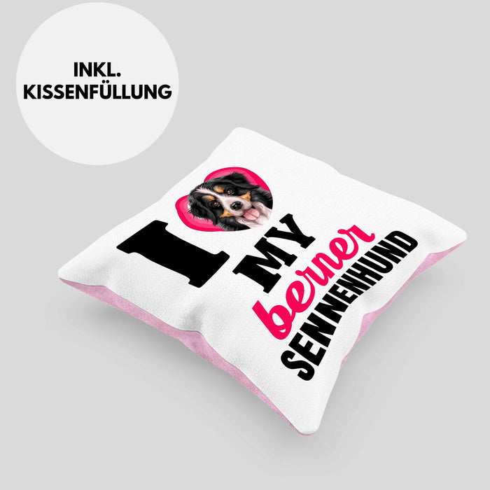 Berner Sennen Besitzerin Kissen mit Füllung 40x40 Geschenk Lustiger Spruch Geschenkidee I Love My Berner Sennen (Grau) Rosa Trendation
