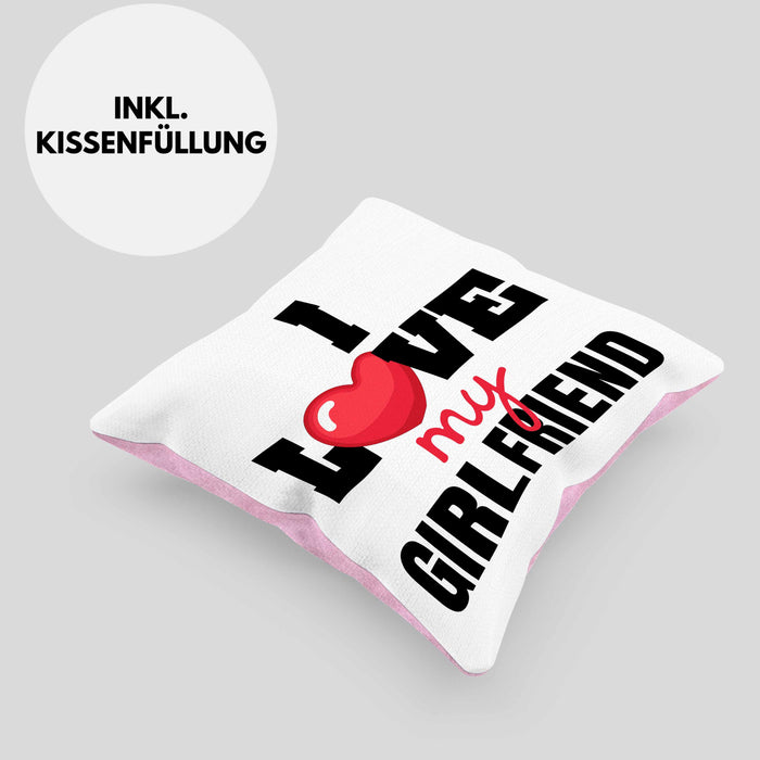 I Love My Girlfriend Kissen mit Füllung 40x40 Geschenk für Freund Beziehung Liebe Geschenkidee (Grau) Rosa Trendation