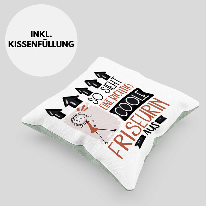 Friseurin Geschenk Kissen mit Füllung 40x40 Lustig Geschenkidee für Friseurin Geburtstag So Sieht Eine Richtig Coole Friseurin Aus Frauen Spruch (Grau) Grün Trendation