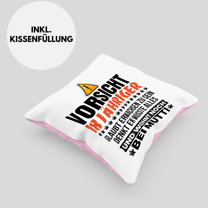 18. Geburtstag Kissen mit Füllung 40x40 Geschenk Jungs Männer Vorsicht 18 Jähriger Glaubt Erwachsen Zu Sein Wohnt Noch Bei Mutti (Grau) Rosa Trendation