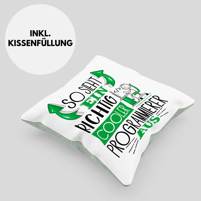 Programmierer Kissen mit Füllung 40x40 Geschenk So Sieht Ein RIchtig Cooler Programmierer Aus Geschenkidee Lustiger Spruch Geburtstag (Grau) Grün Trendation
