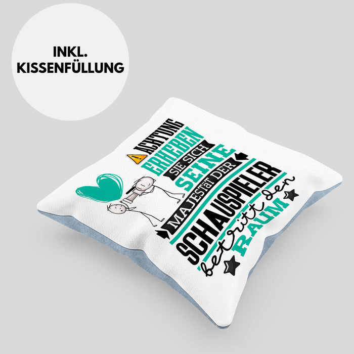 Schauspieler Geschenk Kissen mit Füllung 40x40 Lustiger Spruch Erheben Sie Sich Der Schauspieler Betritt den Raum (Grau) Blau Trendation
