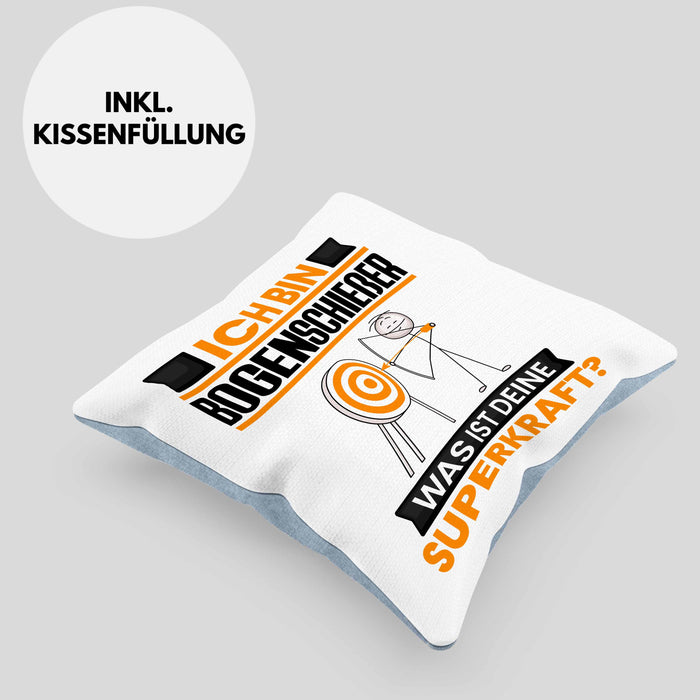 Bogenschießer Kissen mit Füllung 40x40 Geschenk für Bogenschießer Geburtstag Lustiger Spruch Was Ist Deine Superkraft (Grau) Blau Trendation