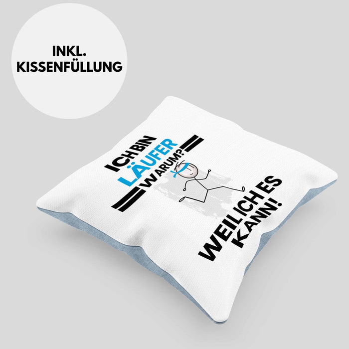 Läufer Geschenk Kissen mit Füllung 40x40 Lustiger Spruch Ich Bin Läufer Warum Weil Ich Es Kann Geschenkidee Bester Läufer Geburtstag (Grau) Blau Trendation