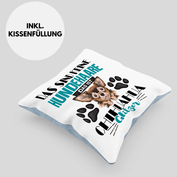 Chihuhahua Besitzer Kissen mit Füllung 40x40 Geschenk Das Ist Chihuhahua Glitzer Hundehaare Geschenkidee Frauchen Herrchen (Grau) Blau Trendation