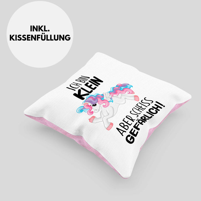 Lustige Ich Bin Klein Aber Gefährlich Kissen mit Füllung 40x40 Mit Spruch Einhorn Geschenk Mama Freundin Kollegin Geschenkidee Arbeit Frauen (Grau) Rosa Trendation