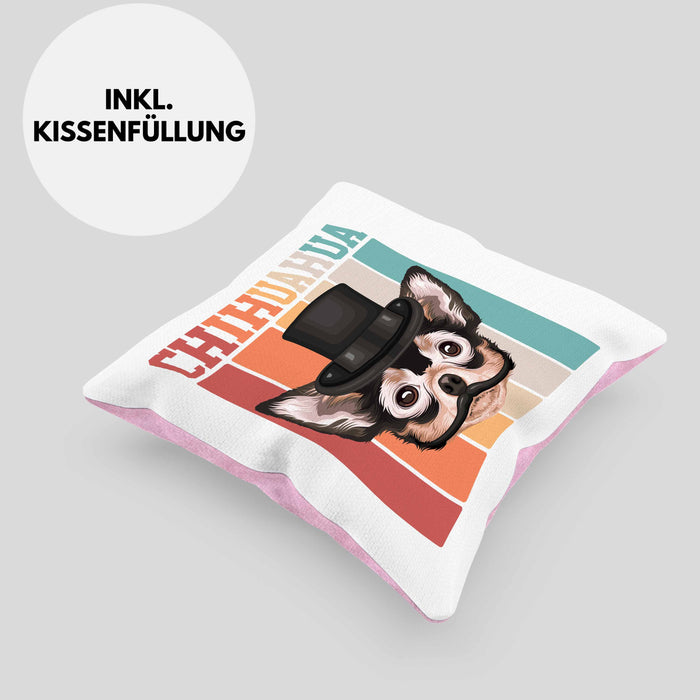 Chihuahua Besitzer Kissen mit Füllung 40x40 Geschenk Lustiger Spruch Geschenkidee Retro Vinatge Chihuahua (Grau) Rosa Trendation