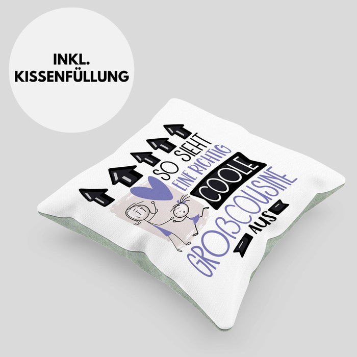 Großcousine Geschenk Kissen mit Füllung 40x40 Geschenkidee für Großcousine Geburtstag Weihnachten Spruch So Sieht Eine Richtig Coole Großcousine Aus (Grau) Grün Trendation