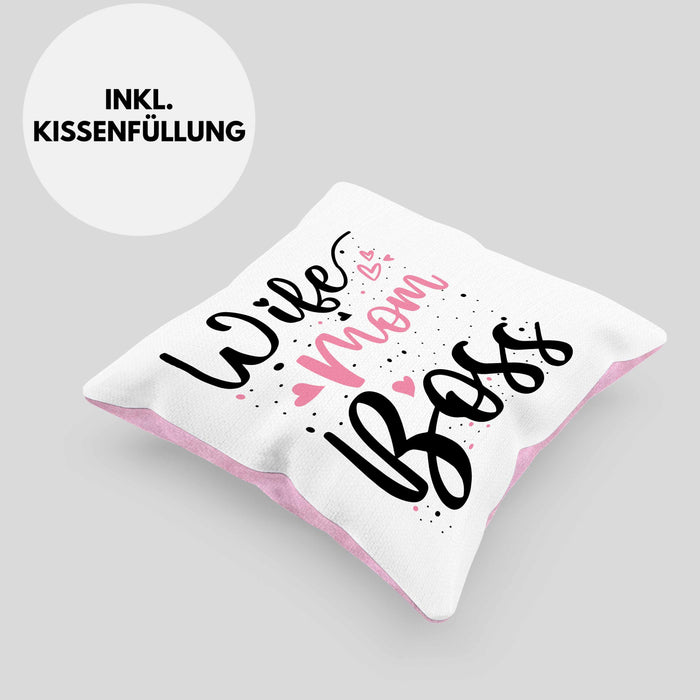 Wife Mom Boss Kissen mit Füllung 40x40 Geschenk Mutter Mama zum Muttertag Muttertagsgeschenk (Grau) Rosa Trendation