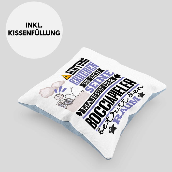 Bocciapieler Geschenk Kissen mit Füllung 40x40 Lustiger Spruch Erheben Sie Sich Der Bocciapieler Betritt den Raum (Grau) Blau Trendation