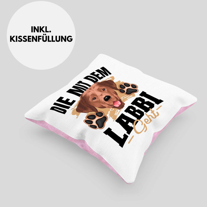 Die Mit Dem Labbi Geht Kissen mit Füllung 40x40 Gassi Gehen Labrador Besitzerin Geschenkidee Frauchen Geschenk (Grau) Rosa Trendation