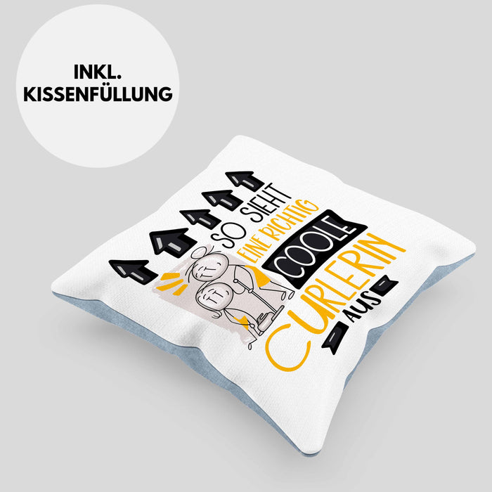 Curlerin Geschenk Kissen mit Füllung 40x40 Geschenkidee für Curlerin Geburtstag Weihnachten Spruch So Sieht Eine Richtig Coole Curlerin Aus (Grau) Blau Trendation
