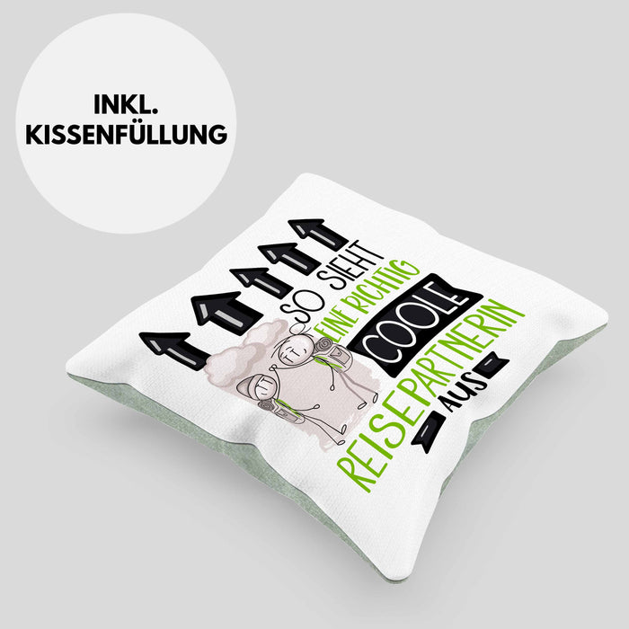 Reisepartnerin Geschenk Kissen mit Füllung 40x40 Lustig Geschenkidee für Reisepartnerin Geburtstag So Sieht Eine Richtig Coole Reisepartnerin Aus Frauen Spruch (Grau) Grün Trendation