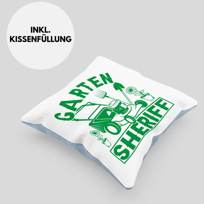 Gärtner Geschenk Kissen mit Füllung 40x40 Garten-Sheriff Geschenkidee Garten-Pflege (Grau) Blau Trendation