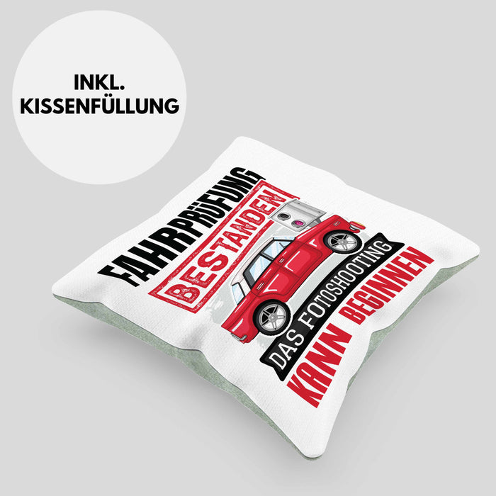 Führerschein Bestanden Geschenk Kissen mit Füllung 40x40 Bestandener Führerschein Das Fotoshooting Kann Beginnen Fahrschule (Grau) Grün Trendation