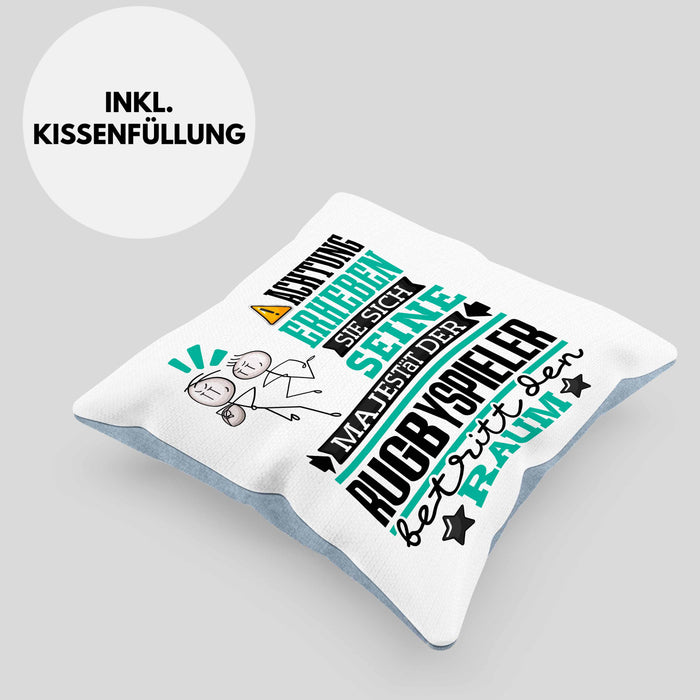 Rugbyspieler Geschenk Kissen mit Füllung 40x40 Lustiger Spruch Erheben Sie Sich Der Rugbyspieler Betritt den Raum (Grau) Blau Trendation