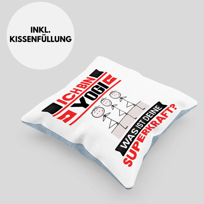 Yogi Kissen mit Füllung 40x40 Geschenk für Yogi Geburtstag Lustiger Spruch Was Ist Deine Superkraft (Grau) Blau Trendation