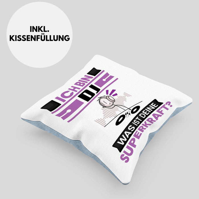 DJ Kissen mit Füllung 40x40 Geschenk für DJ Geburtstag Lustiger Spruch Was Ist Deine Superkraft (Grau) Blau Trendation