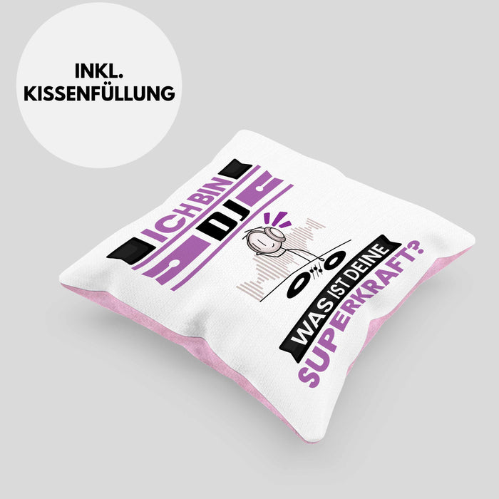 DJ Kissen mit Füllung 40x40 Geschenk für DJ Geburtstag Lustiger Spruch Was Ist Deine Superkraft (Grau) Rosa Trendation